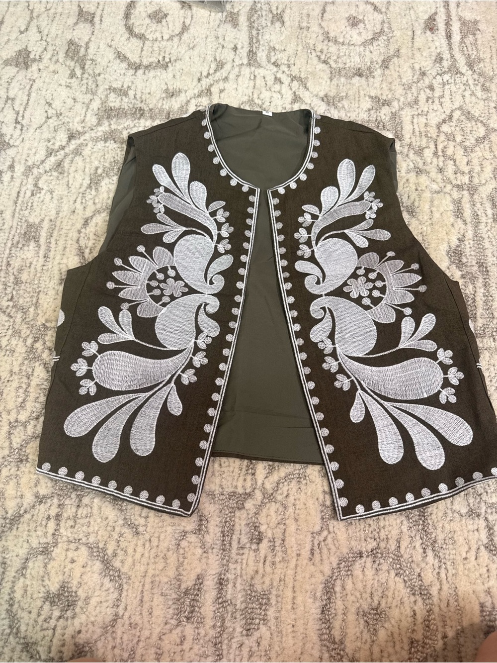 Amazon Women's Brown Vest with White Embroidered Floral Design